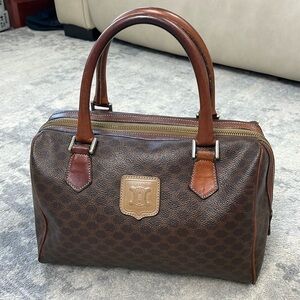 Vintage Celine Macadam Coated Canvas Boston Bag Satchel Brown